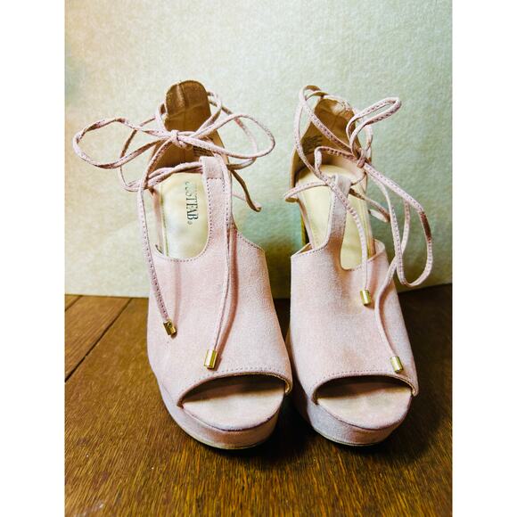 JustFab Nylia Blush Faux Suede T-Strap Lace-Up Gladiator Peep Toe Heels 5.5 - Picture 4 of 9